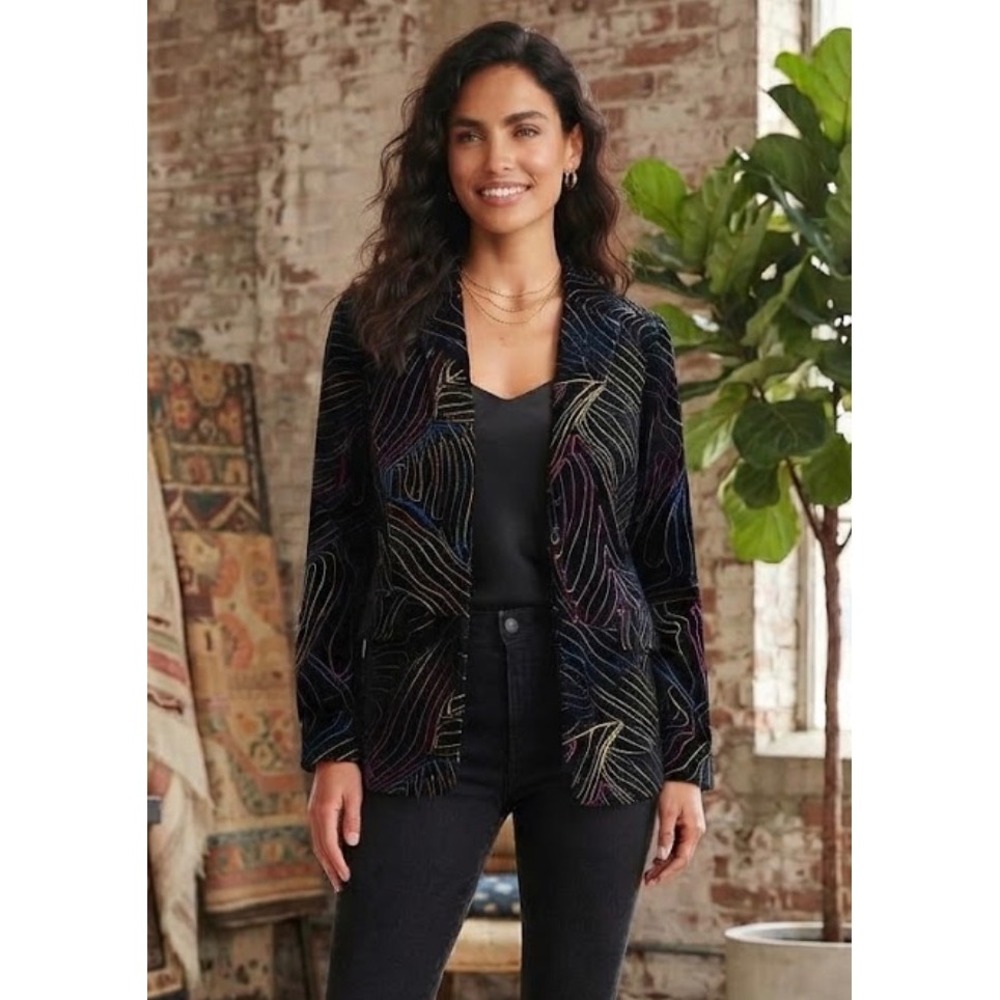 Chicos Velvet Embroidered Jacket Womens Size 1 Black Multi Color Abstract Button